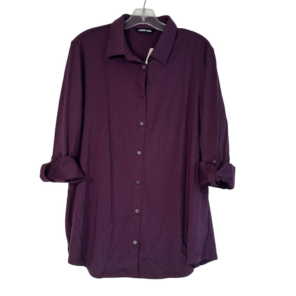 Lands End Womens Plum Purple Tencel Blend Roll Tab Button Up Shirt Size XL